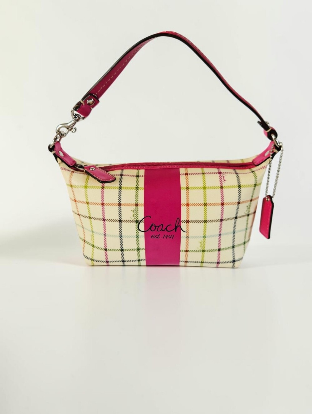 Coach Heritage Vintage Y2K Pink Plaid Coated Canvas Mini Baguette Shoulder Bag